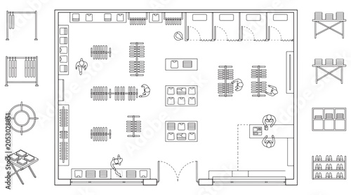 Retail Clothing Store Floor Plan Top View With Fitting Rooms Racks Displays And Checkout Counter