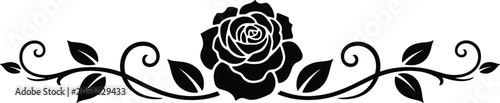 Black silhouette of a rose with swirling vines and leaves
