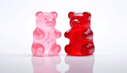 Two translucent gummy bear candies in pink and red, standing on a white surface