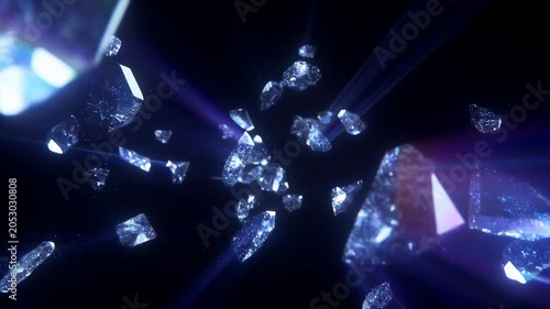 Slow motion tracking shot of crystal shards drifting forward and scattering in dark void with iridescent light rays and reflective fragments