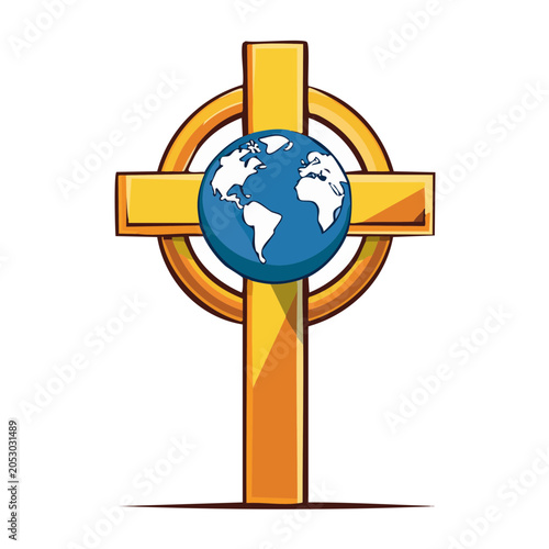 Golden Celtic Cross with Earth Globe Illustration