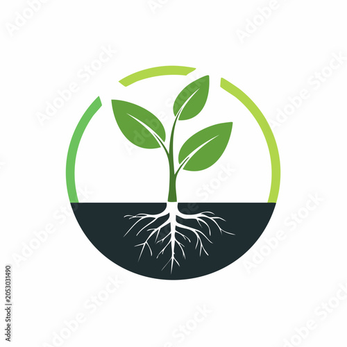 Green seedling with roots in soil, circular logo