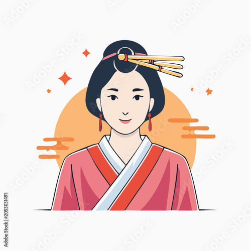 Illustration of a Woman in Traditional Japanese Kimono with Hair Ornaments