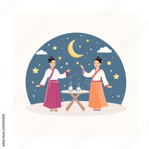 Two women in traditional clothing under a starry night sky