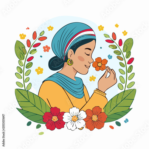 Woman smelling a flower with floral border