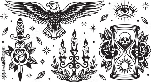 Old school tattoo flash set with eagle, dagger, rose, candelabra and hourglass