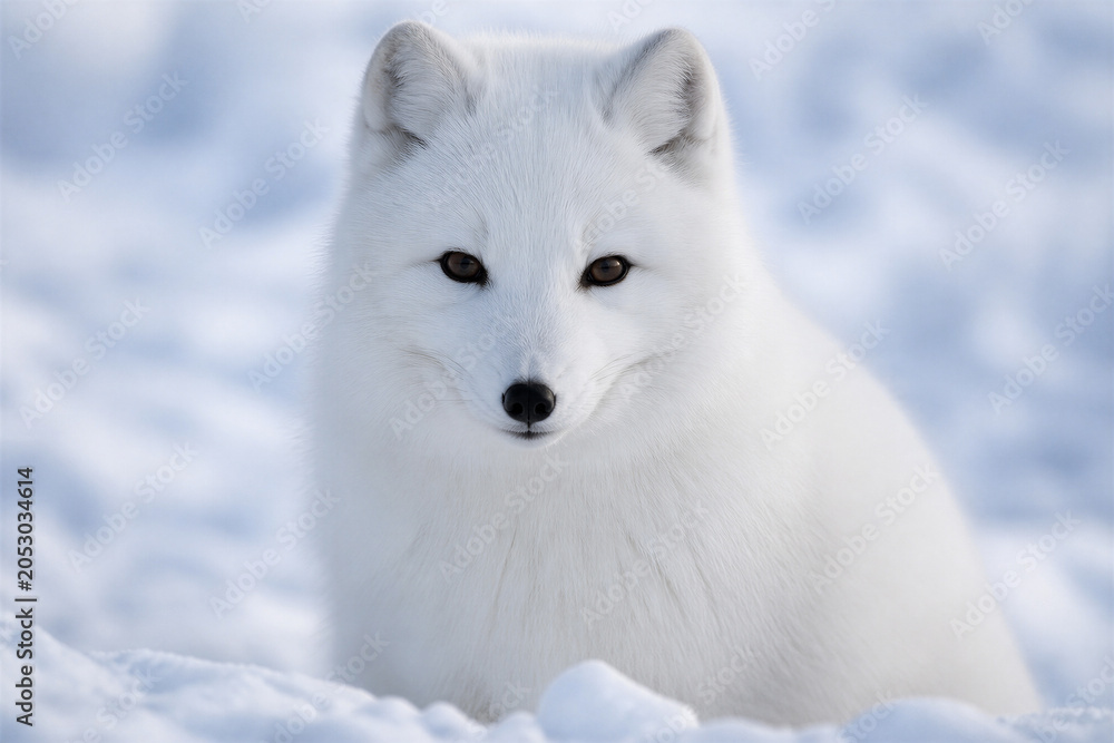 Fototapeta premium Arctic fox sitting alert on snow covered landscape