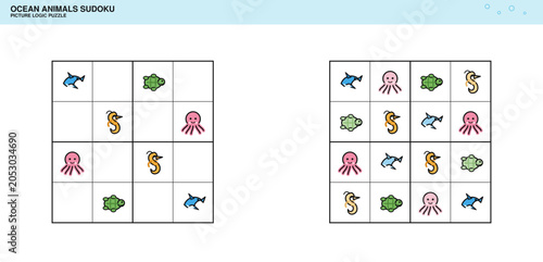Ocean Animals Picture Sudoku Puzzle with Answers for Kids