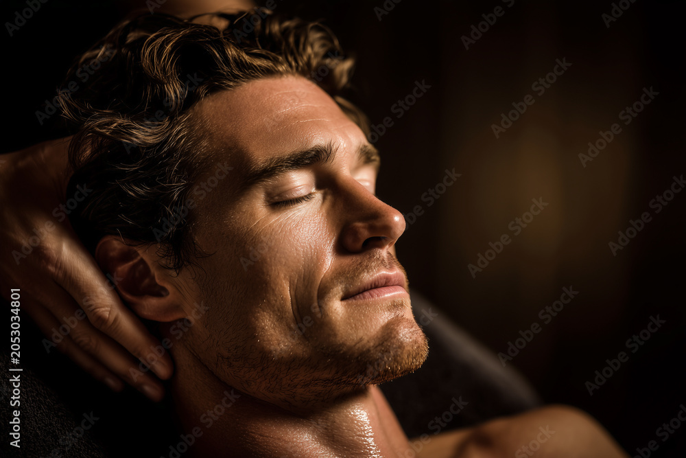 Fototapeta premium Handsome young man relaxing with closed eyes during a professional head and neck massage in spa salon. Male facial skin care and wellness therapy close up