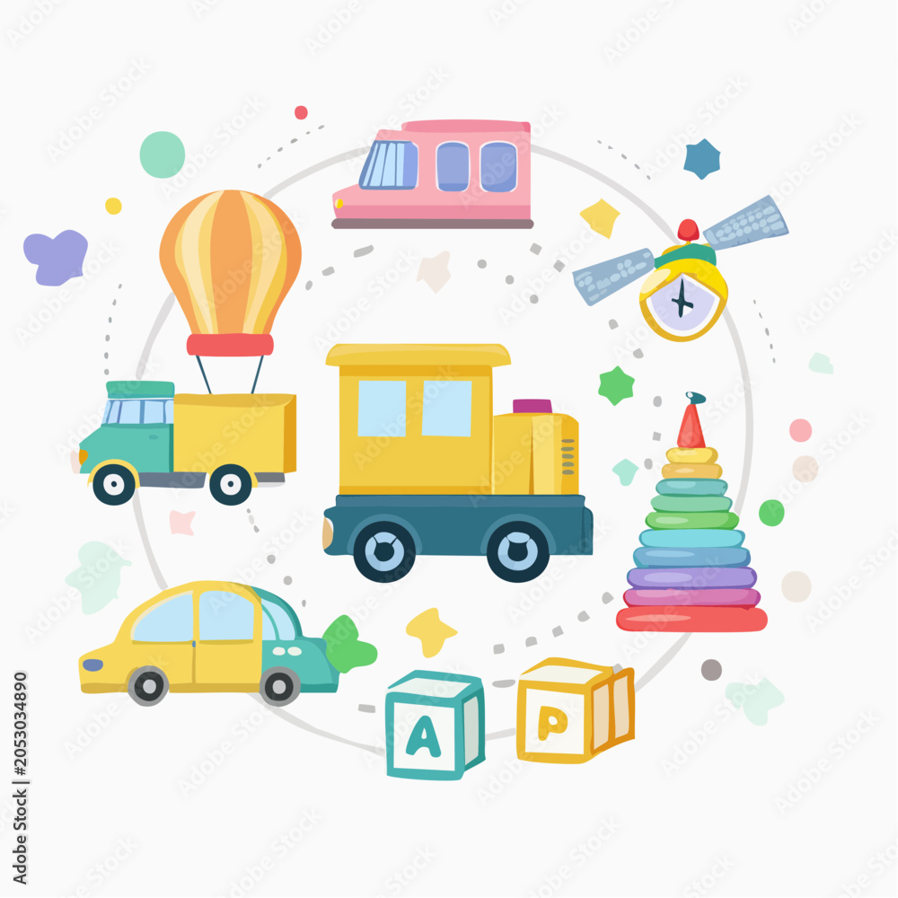 Fototapeta premium Illustration colorée de jouets pour enfants en cercle
