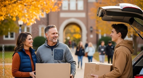 Family helping college student move into dorm with boxes