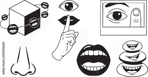 Obraz na plátně Vector illustration of various facial features and emotive expressions in black