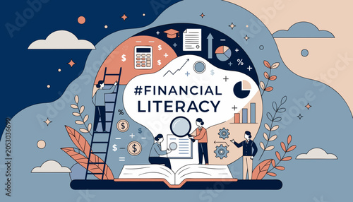 Financial literacy concept with people learning about economy and investment in flat design style
