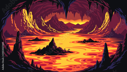 Foto Molten lava river flowing through a dark volcanic cave with fiery sunset light