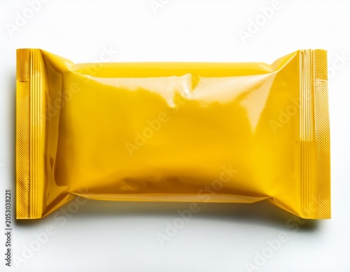 long yellow blank plastic foil pouch food bag snack packaging isolated on white background flat top view