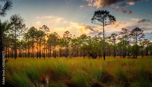 evening in the middle of regenerating longleaf pine forest in florida