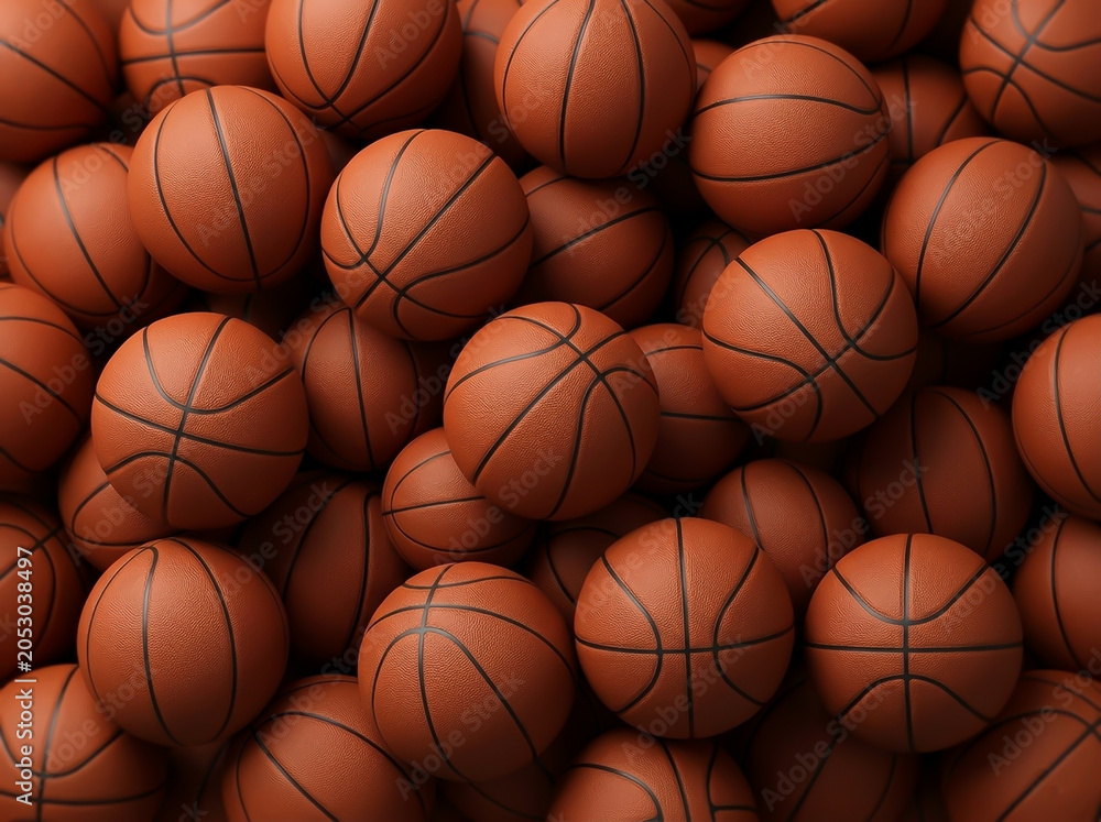 Obraz premium Many basketballs piled together on a court showing their surface details and texture during a practice session in a gym