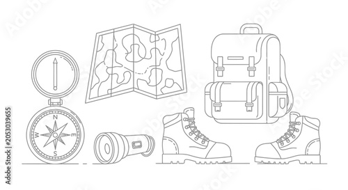 Foto Hiking Backpack Boots Compass Map Equipment.
