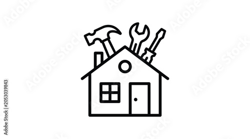 Minimalist vector illustration showing a house outline with various construction tools for professional home repair
