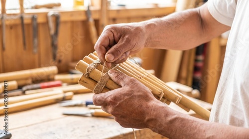 Instrument maker using twine to bind together varying lengths of bamboo to create a traditional pan flute