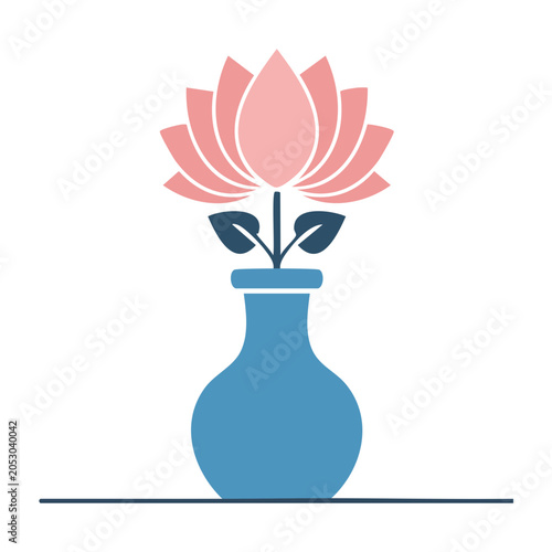 Flat design icon of a pink lotus flower in a blue vase