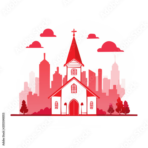 Flat design illustration of a church building with city skyline