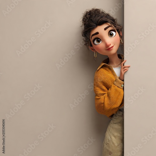 Cute 3D animated woman peeking from behind a wall with a curious smile. Neutral tone copy space background.
