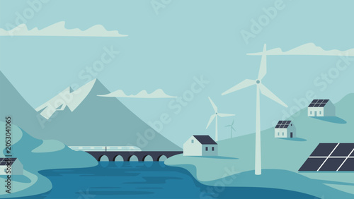 Renewable energy power concept. Environment-friendly industry. Wind electricity generators, solar panels and an electric train in nature landscape. Flat vector illustration EPS10