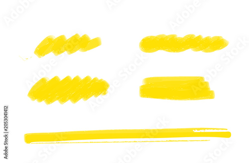 Hand-drawn yellow highlighter strokes and underline vector set