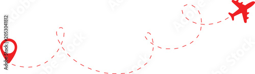 Foto Red airplane flight path with a dashed line trajectory and a location pin marker