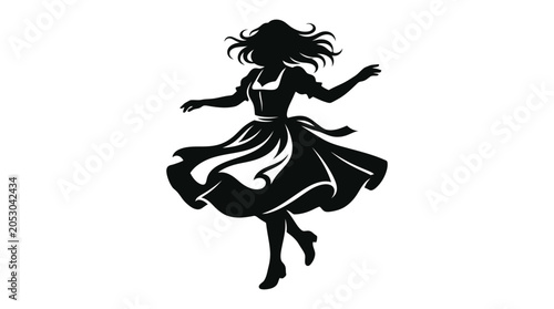 Vászonkép Black silhouette of a woman in a traditional dirndl dress dancing joyfully