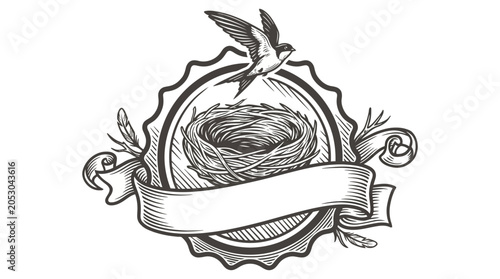 Photos Bird flying over nest with ribbon.