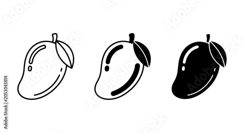 Mango Icons Set: Simple Outline, Glossy, and Solid Black Vector Graphics for Tropical Fruit Designs