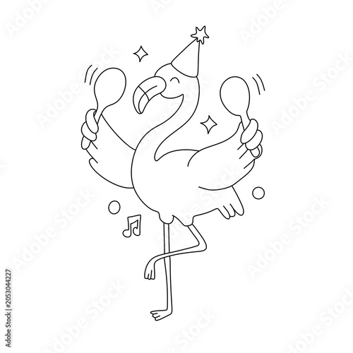 Cute pink flamingo in a party hat dancing and playing maracas, vector illustration.