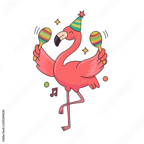 Cute pink flamingo in a party hat dancing and playing maracas, vector illustration.