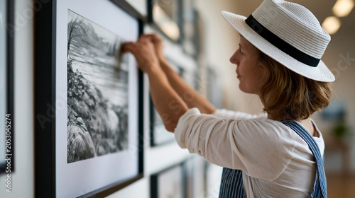 Anonymous museum curator adjusting the placement of a framed artwork on a gallery wall before an opening, fine art presentation and cultural institution concept, faceless,