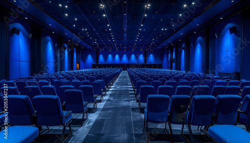 Auditorium with blue seating and lighting, rows of chairs lead to a stage