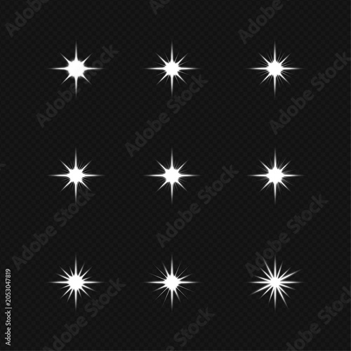 White Sparkling Starburst Light Effects Collection on Transparent Background Vector Illustration