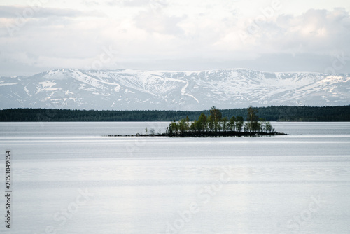 Small treed island in a calm lake with snowcapped mountains