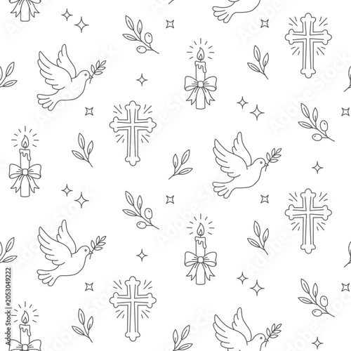 Baby Baptism Seamless Pattern Cross Dove Candle Line Art