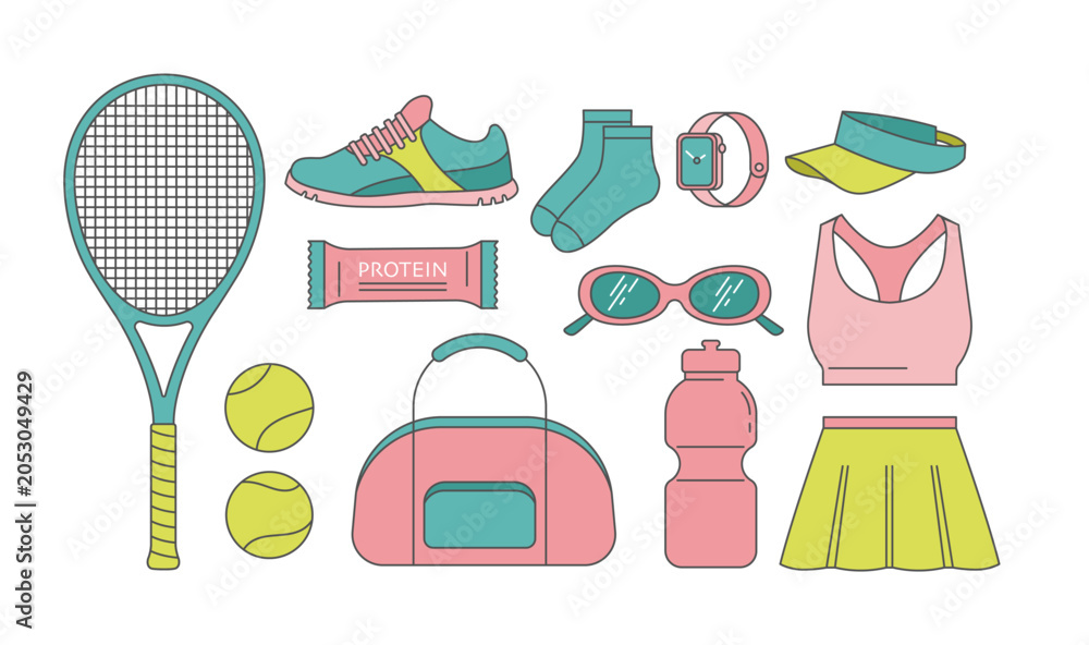 Fototapeta premium Tennis equipment and apparel collection with racket, balls, sportswear and accessories. Vintage sport vector illustrations and graphic elements set.