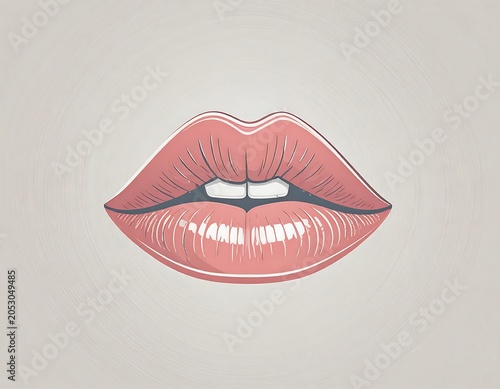 Graphic depiction of full, glossy lips against a neutral, textured backdrop. Features detailed shading and highlights creating depth
