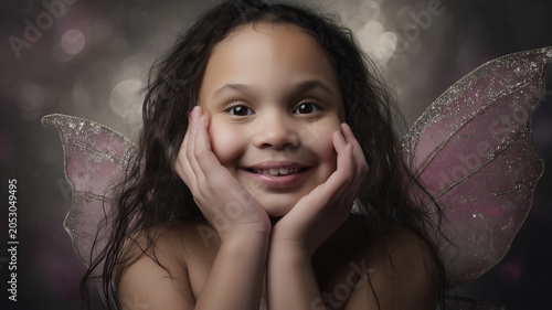 RITRATTO DI BAMBINA SORRIDENTE CON ALI DA FATA E MANI SULLE GUANCE, SFONDO BOKEH MAGICO 