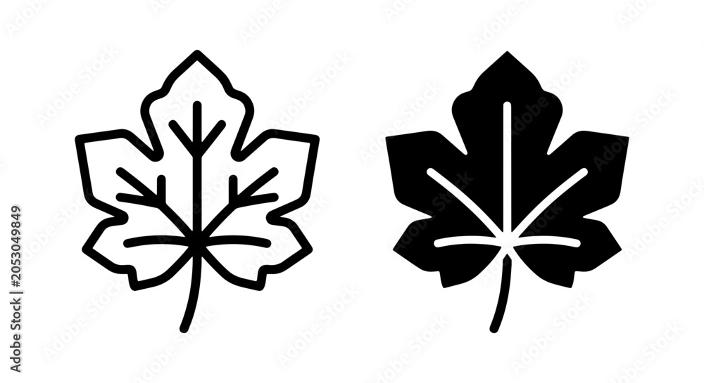 Obraz premium Maple Leaf Icons, Simple Outline and Silhouette Vector Graphics for Autumn and Nature Designs, Botanical Elements