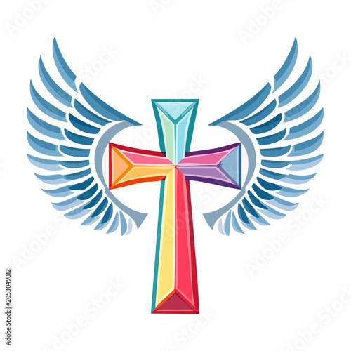 Colorful Christian Cross with Angel Wings