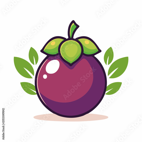 Cute Mangosteen Fruit with Leaves Cartoon Icon