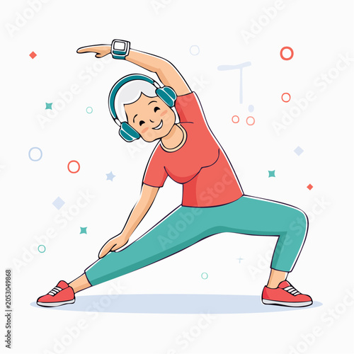 Elderly Woman Exercising with Headphones and Smartwatch