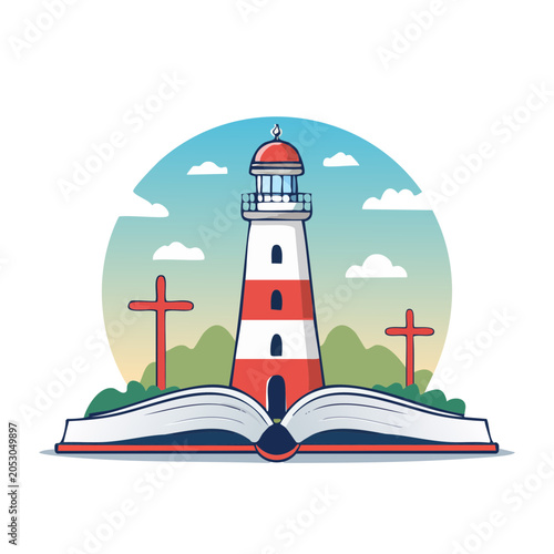 Lighthouse, Open Book, and Crosses Illustration