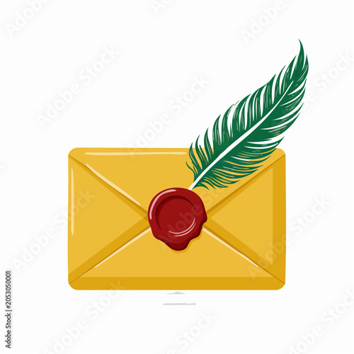 Yellow Envelope with Red Wax Seal and Green Feather