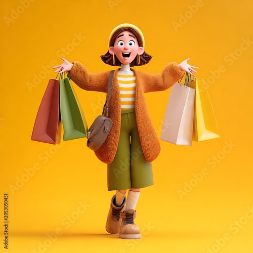 Joyful 3D cartoon woman celebrating a shopping spree, carrying multiple colorful paper bags over her shoulder against a solid yellow background.